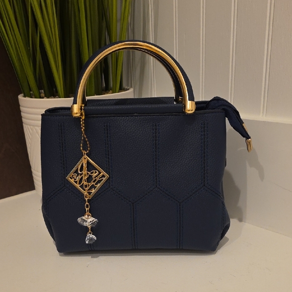 Handbags - Elegant Navy Blue Handbag with Gold Accents